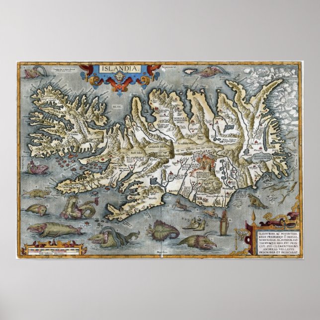 Ortelius Islandia Map featuring Sea Monsters Print (Front)