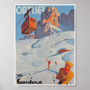Ortesei Italy Vintage Ski Travel Poster
