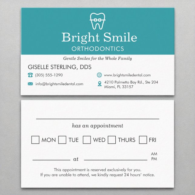 Orthodontist Office Appointment Reminder Aqua Blue Business Card (Creator Uploaded)