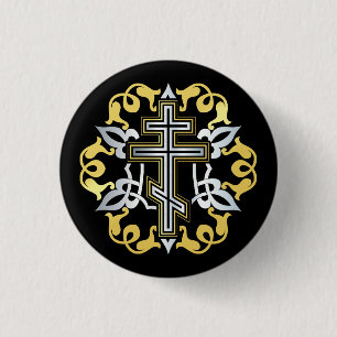 Orthodox Cross Gold With Ornaments 3 Cm Round Badge