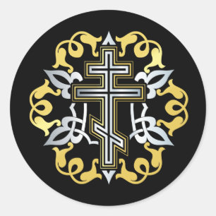 Orthodox Cross Gold With Ornaments Classic Round Sticker