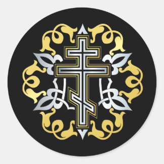 Orthodox Cross Gold With Ornaments Classic Round Sticker