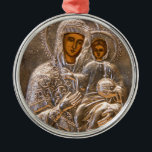 Orthodox icon metal tree decoration<br><div class="desc">Jesus Christ and his mother Mary on old Russian icon. Silver look. Photography.</div>