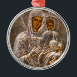 Orthodox icon metal tree decoration<br><div class="desc">Jesus Christ and his mother Mary on old Russian icon. Silver look. Photography.</div>