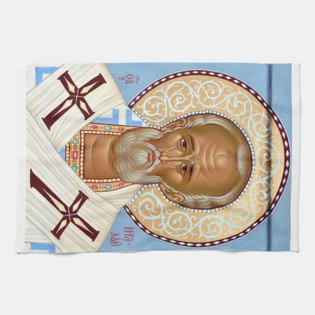 Orthodox Icon of Saint Nicholas The Wonderworker Tea Towel (Horizontal)