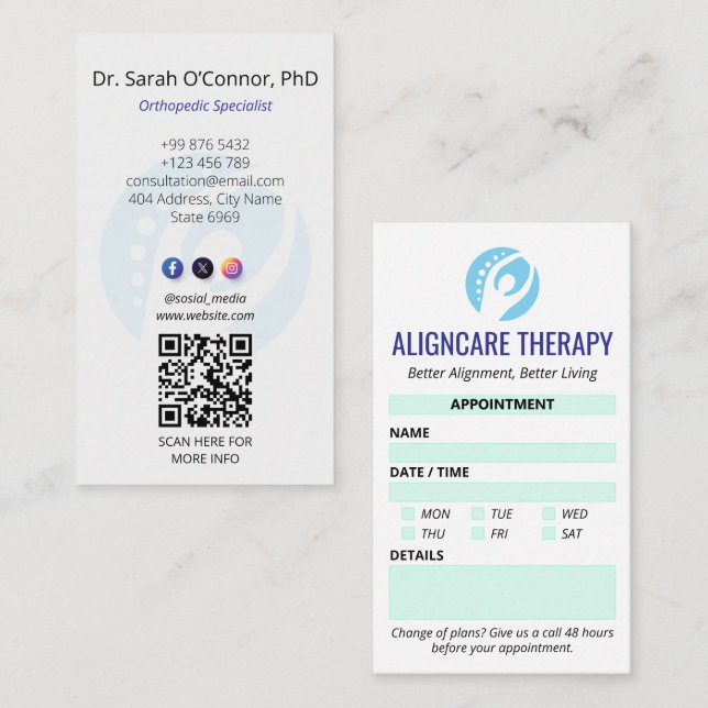 Orthopaedic Rehab Clinic | Modern Appointment Business Card (Front/Back)