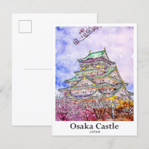 Osaka Castle Japan Travel Watercolor Hand Drawn Postcard