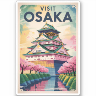 Osaka Japan Castle Illustration Travel Art Vintage