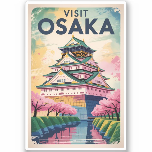 Osaka Japan Castle Illustration Travel Art Vintage (Front)