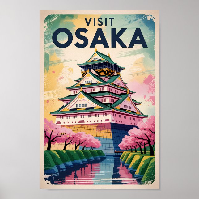 Osaka Japan Castle Illustration Travel Art Vintage Poster (Front)
