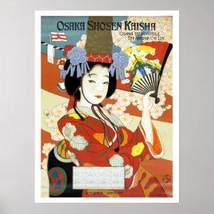 Osaka, Japan, geisha with fan, vintage travel Poster