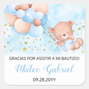Osito Globos Azul Bautizo Niño Gracias por Asistir Square Sticker