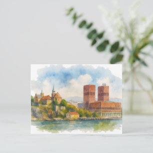 Oslo Norway Watercolor Art Card, Cityscape Postcard