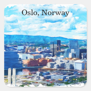 Oslo Norway Watercolor Painting Panorama View Square Sticker