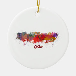 Oslo skyline in watercolor ceramic tree decoration