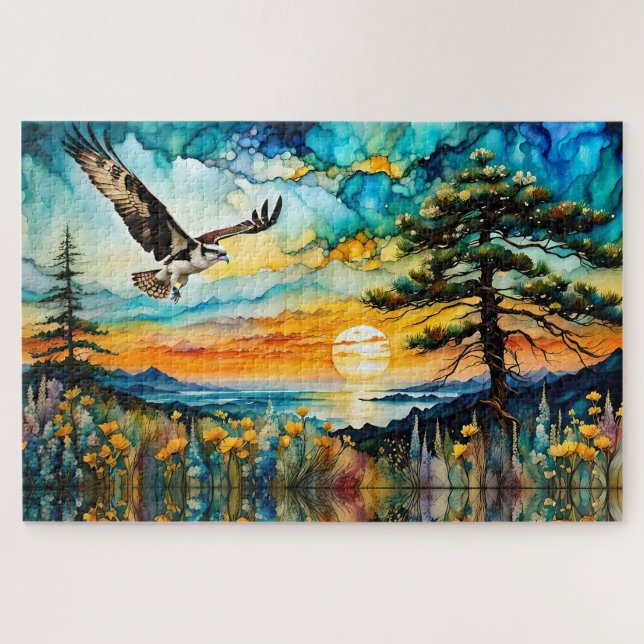 Osprey in flight over wildflowers at Sunset Jigsaw Puzzle (Horizontal)