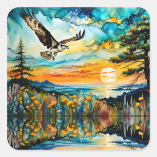 Osprey in flight over wildflowers at Sunset Square Sticker