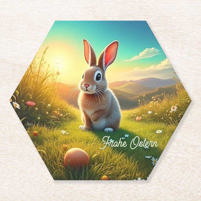 Osterhase und bunte Eier im Frühlingszauber Paper Coaster (Front)