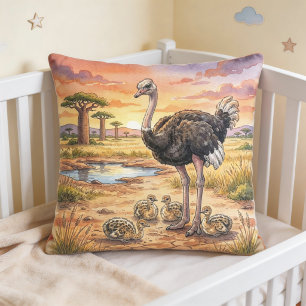 Ostrich Mama And Chicks Safari Animals Cushion