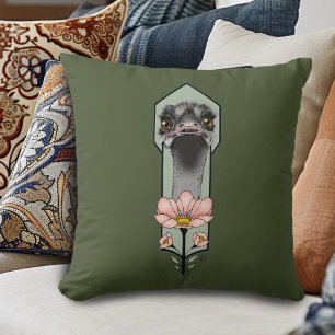 Ostrich Pink  Flowers Olive Green Art Deco  Cushion
