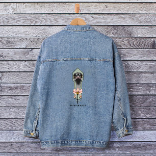Ostrich Pink  Flowers Olive Green Art Deco  Denim Jacket