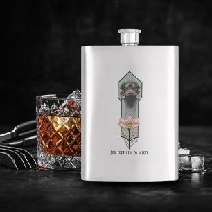 Ostrich Pink  Flowers Olive Green Art Deco  Hip Flask