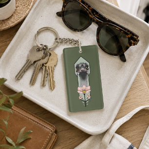 Ostrich Pink  Flowers Olive Green Art Deco  Key Ring