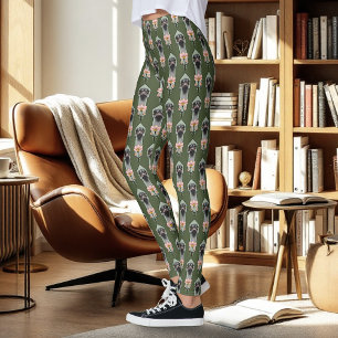 Ostrich Pink  Flowers Olive Green Art Deco  Leggings