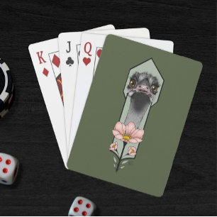 Ostrich Pink Flowers Olive Green Art Deco Playing Cards