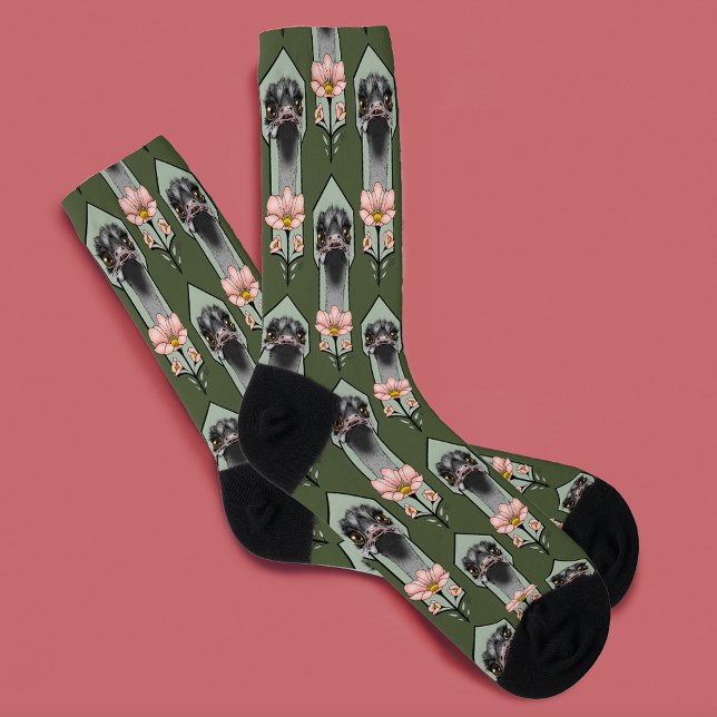 Ostrich Pink  Flowers Olive Green Art Deco  Socks (Creator Uploaded)