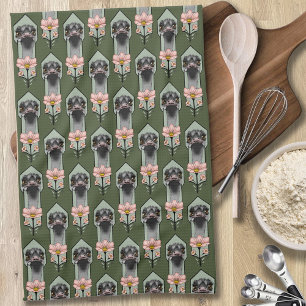 Ostrich Pink  Flowers Olive Green Art Deco  Tea Towel