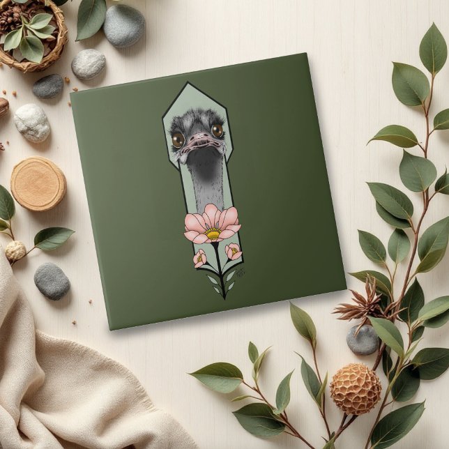 Ostrich Pink  Flowers Olive Green Art Deco  Tile (Creator Uploaded)