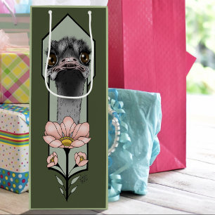 Ostrich Pink  Flowers Olive Green Art Deco  Wine Gift Bag