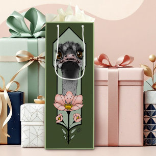 Ostrich Pink  Flowers Olive Green Art Deco  Wine Gift Bag