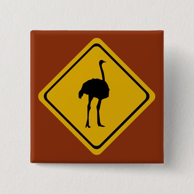ostrich road sign 15 cm square badge (Front)