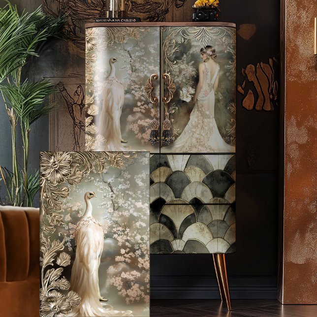 Ostrich white ethereal art deco ornamental floral tissue paper (White Ostrich, Ethereal Floral, Nouveau, 1920's Vintage, Decoupage Tissue Paper.)