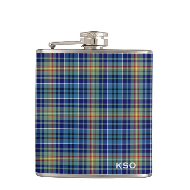 O'Sullivan Tartan Monogram Blue and Green Plaid Hip Flask (Front)