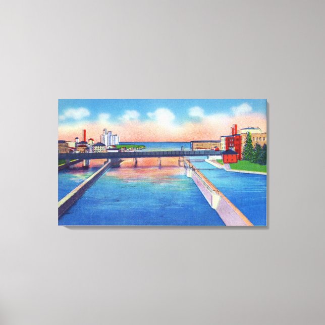 Oswego River View of Canal Locks & Harbour Canvas Print (Front)