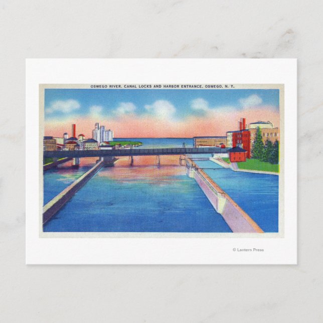 Oswego River View of Canal Locks & Harbour Postcard (Front)