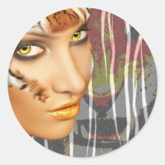Otherkin Tiger Female Therian art, stunning makeup Classic Round Sticker