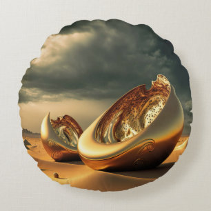 Otherworld Relics – Surreal Desert Sculpture Round Cushion