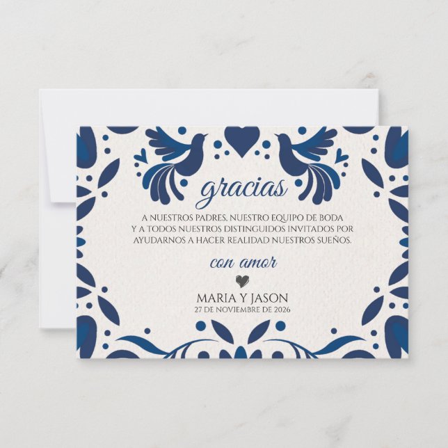 Otomi Blue Floral Elegant Fiesta Spanish Wedding Thank You Card (Front)