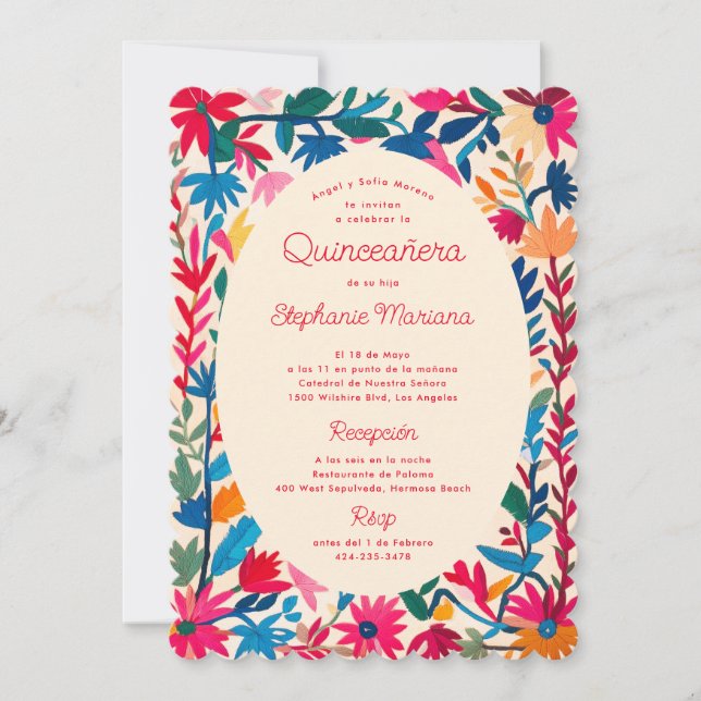 Otomi Mexican Embroidery Bold Colourful Quinceañer Invitation (Front)
