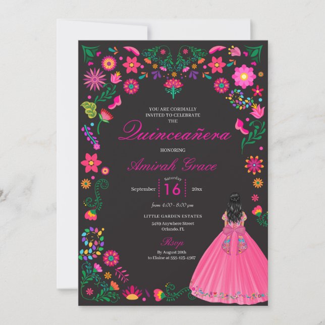 Otomi Mexican Embroidery Quinceañera Invitation (Front)
