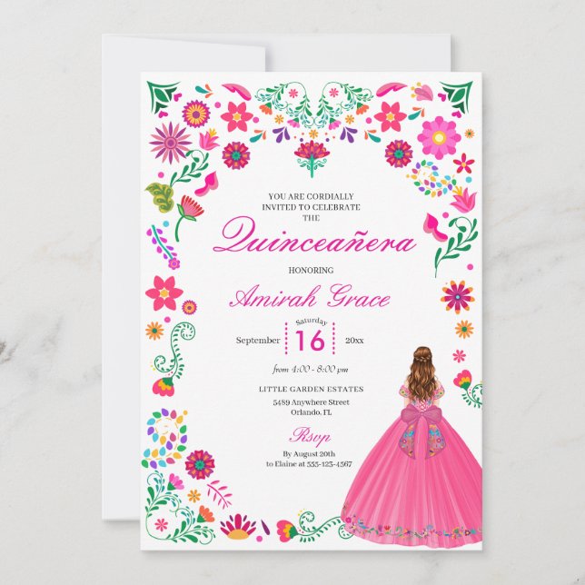 Otomi Mexican Embroidery Quinceañera Invitation (Front)
