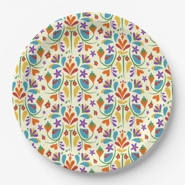 Otomi Mexican Summer Flower Pattern Gift cute Paper Plate (Front)