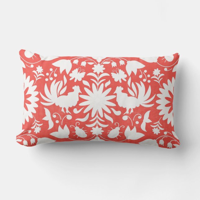 Otomi Print, Coral & White Boho Lumbar Pillow (Front)