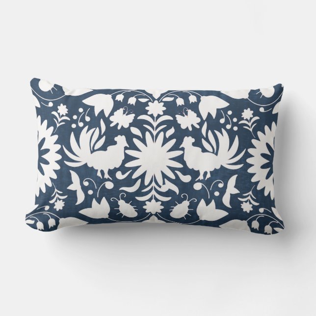 Otomi Print, Navy Blue & White Boho Throw Pillow (Front)