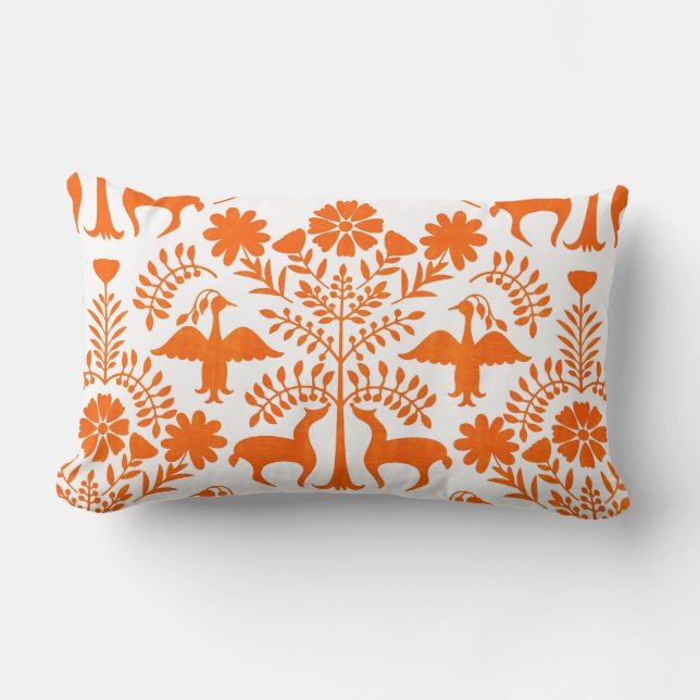 Otomi Print, White & Orange Boho Throw Pillow (Front)