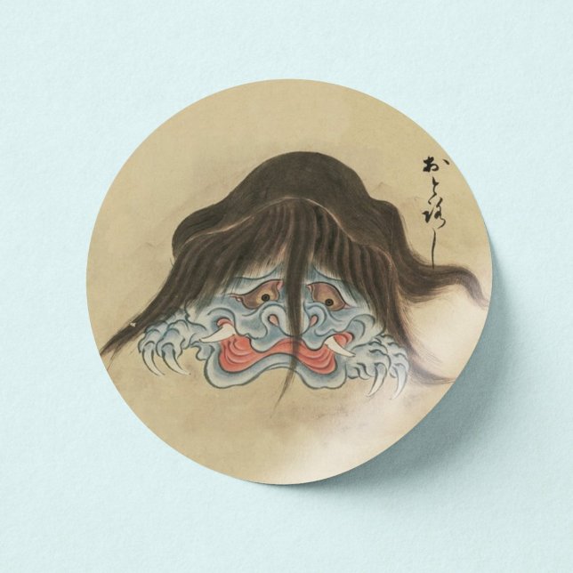 Otoroshi- Vintage Japanese Yokai Classic Round Sticker (Vintage Otoroshi Yokai Sticker- Paper View)